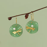 Dragonfly Dangle Earrings Green Jade Pearl