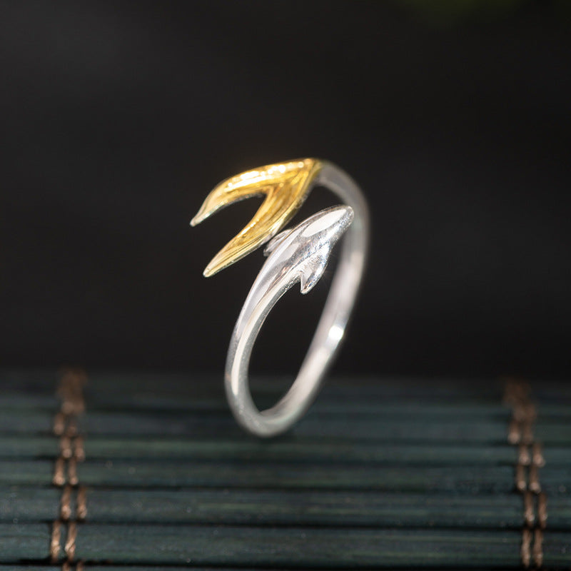 Dual-Tone Leaf Bud Ring – Open Adjustable Nature Jewelry