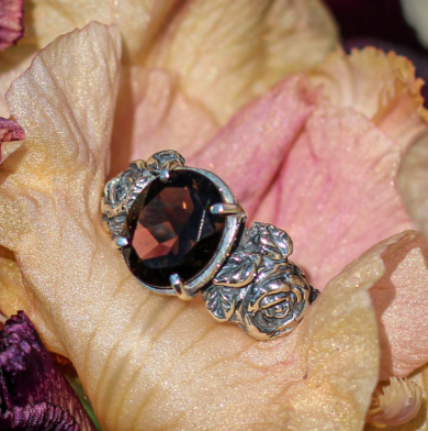 Garnet Rose Ring with Vintage Floral Engraved Band