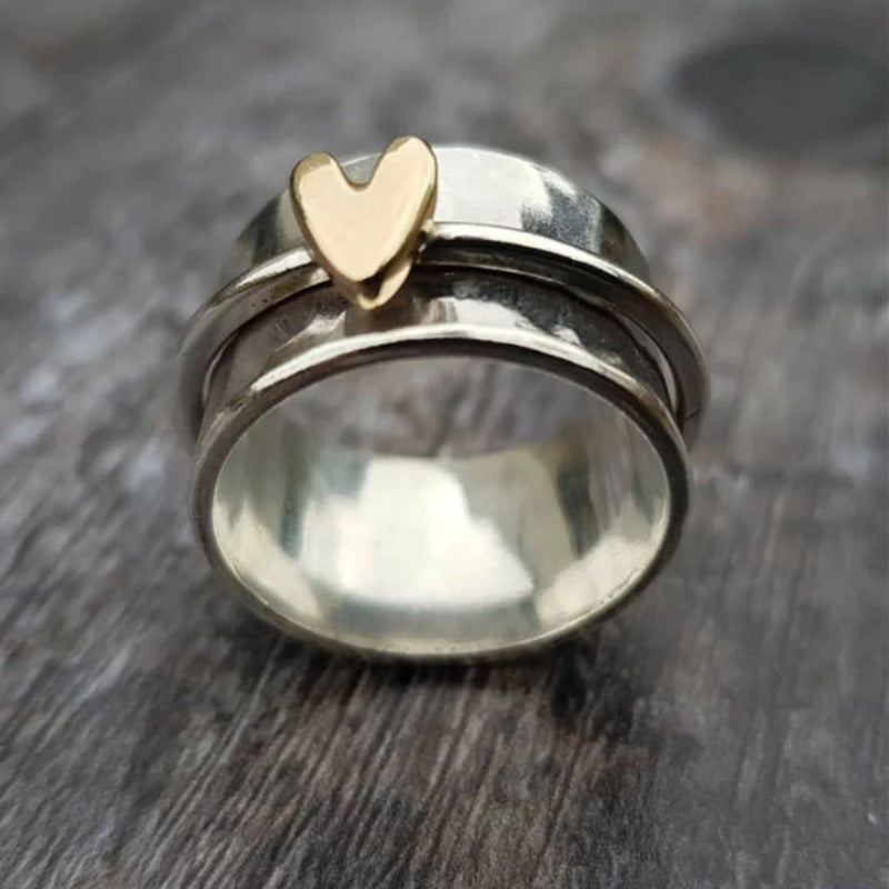 Wide Band Ring with Golden Heart and Organic Finish