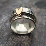 Wide Band Ring with Golden Heart and Organic Finish