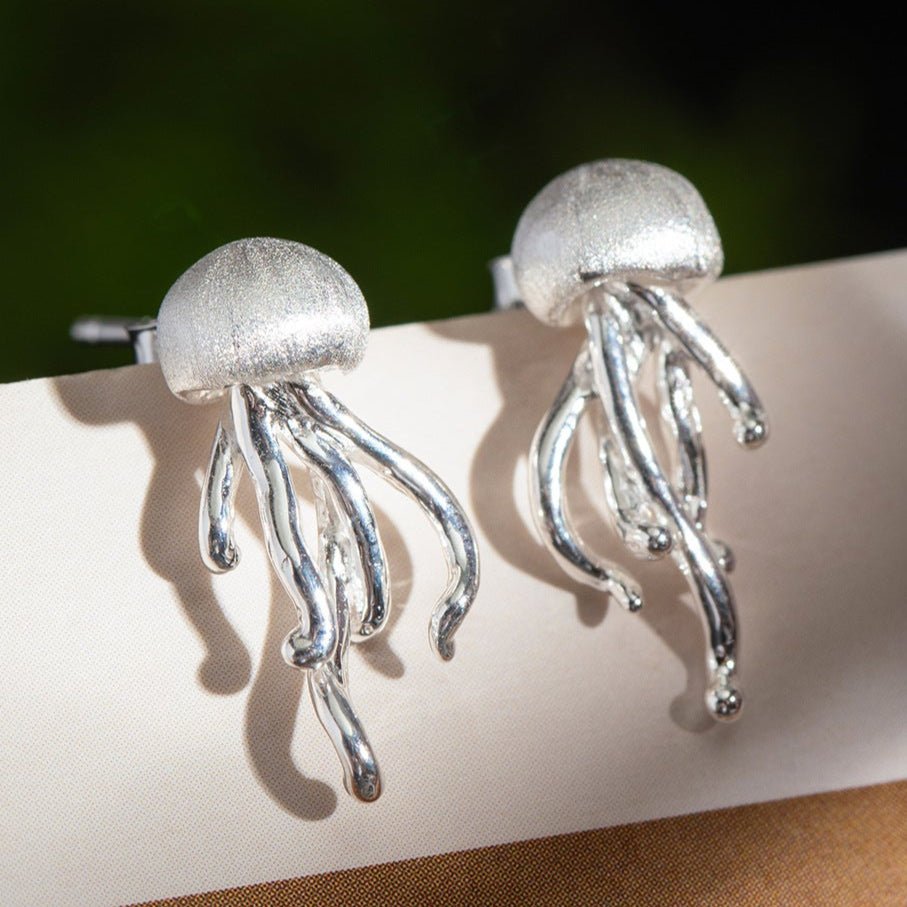 Sterling Silver Jellyfish Earrings Ocean-Inspired Drop Studs