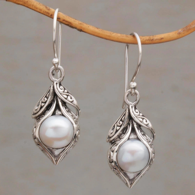 Vintage Leaf Filigree Earrings with White Pearl Center