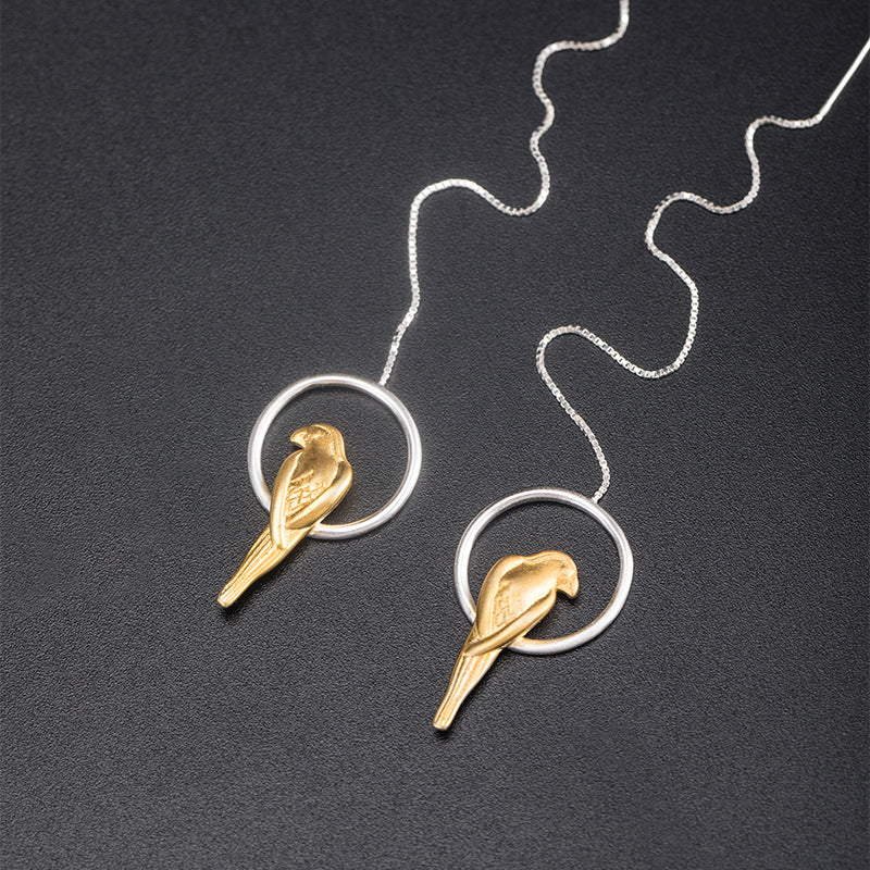 Golden Bird Threader Earrings – Silver Hoop Charm