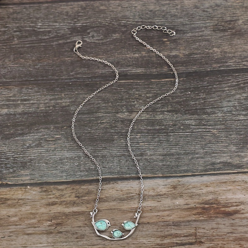 Family Bird Necklace with Turquoise Gemstones Nature Inspired
