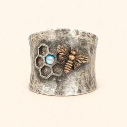 Honeycomb Bee Ring with Fire Opal and Rustic Finish