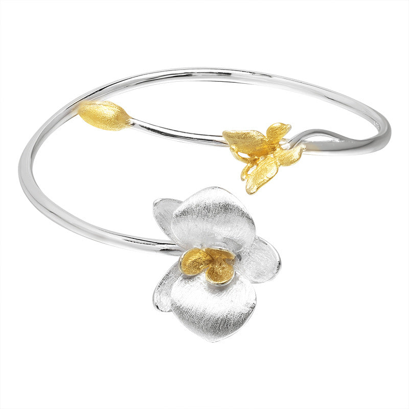 Blooming Flower Open Bangle – Silver and Gold Botanical Cuff