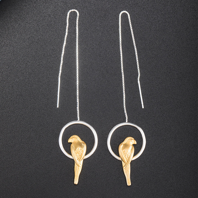 Golden Bird Threader Earrings – Silver Hoop Charm