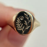Botanical Engraved Gold Signet Ring with Nature Inspired Design