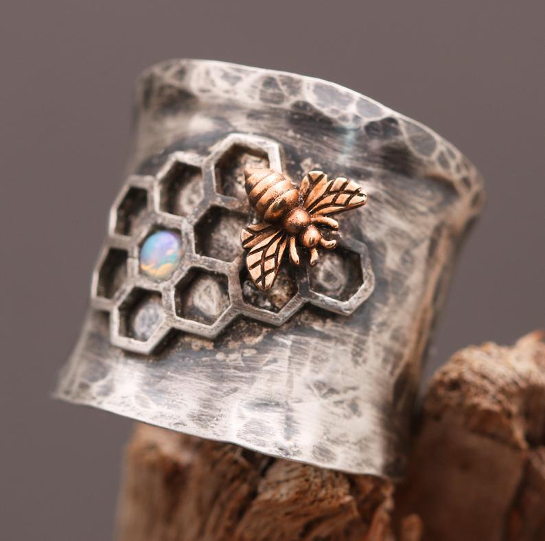 Honeycomb Bee Ring with Fire Opal and Rustic Finish