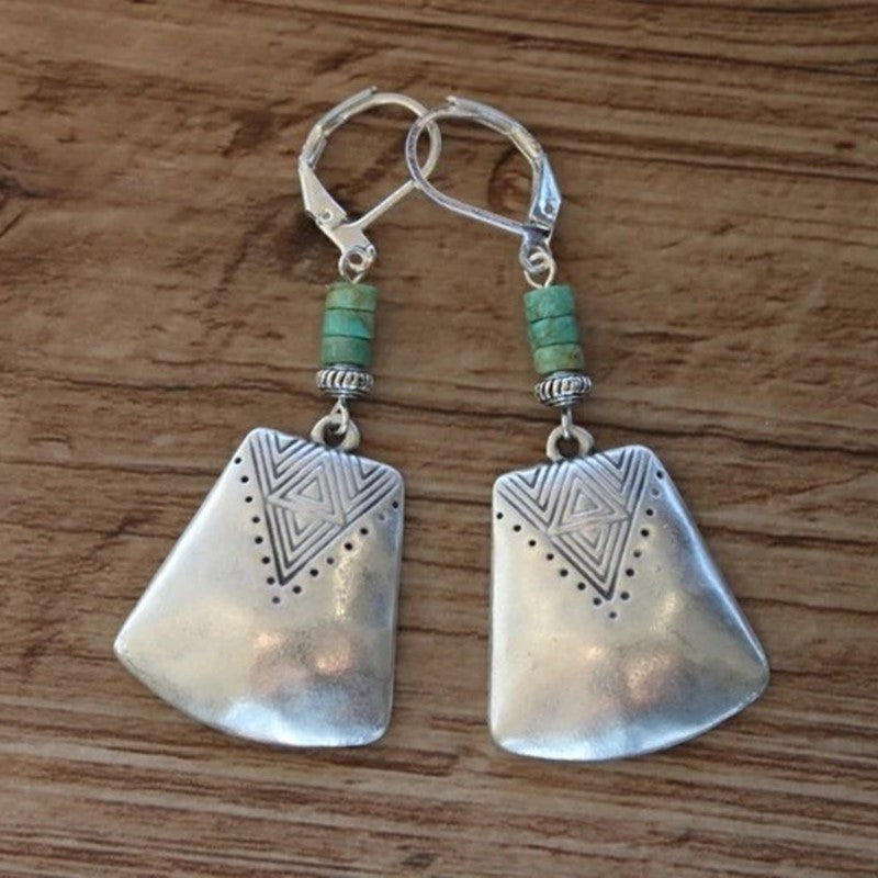 Tribal Silver Drop Earrings with Turquoise Beads