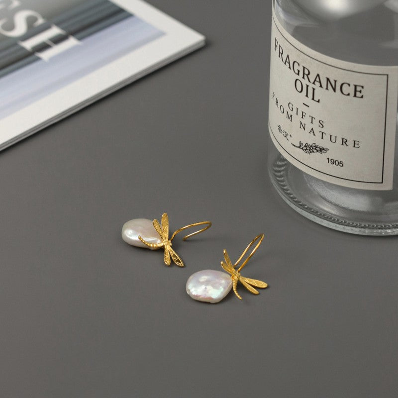 Baroque Pearl Drop Earrings with Dragonfly Charm