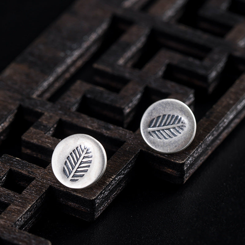 Rustic Leaf Imprint Stud Earrings in Antique Silver