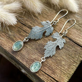 Nature Leaf Drop Earrings with Green Gemstone Boho Design