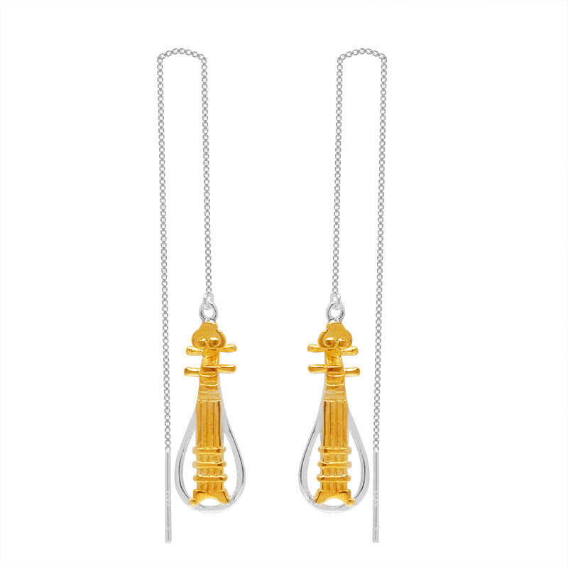 Celestial Lute Threader Earrings – Silver & Gold Harmony