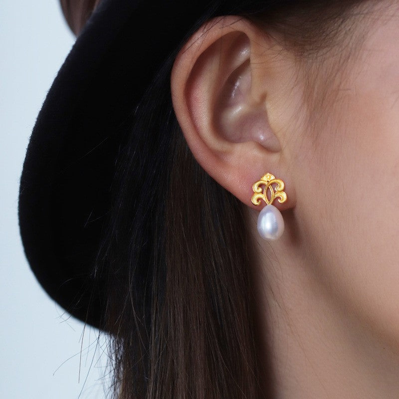 Sacred Pearl Drop Earrings with Mystical Scrollwork Charm