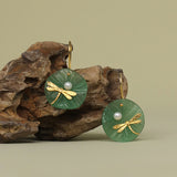 Dragonfly Dangle Earrings Green Jade Pearl