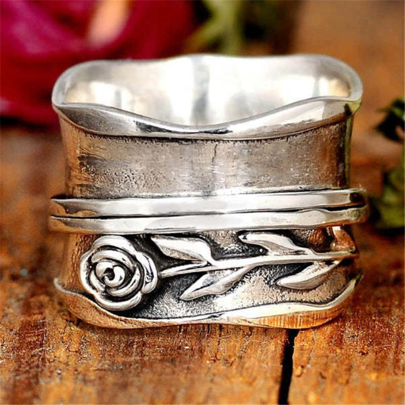 Rustic Wide-Band Silver Ring with Rose and Vine Design