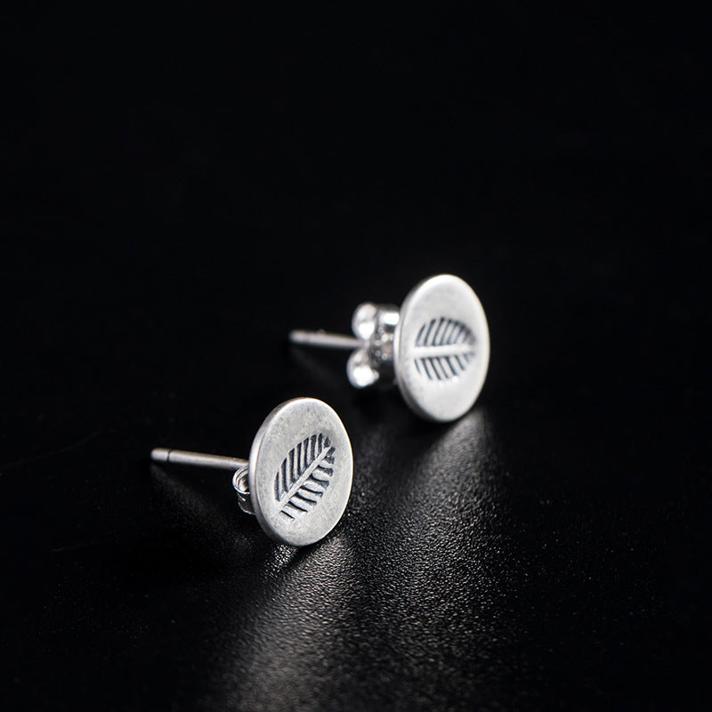 Rustic Leaf Imprint Stud Earrings in Antique Silver