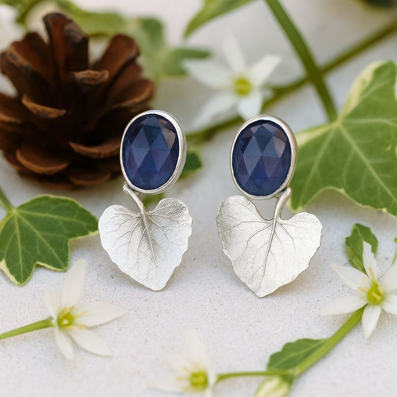 Handmade Leaf Earrings with Blue Gemstone Nature Inspired Design