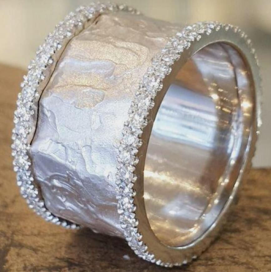 Hammered Wide Band Ring with Crystal Edge Detailing