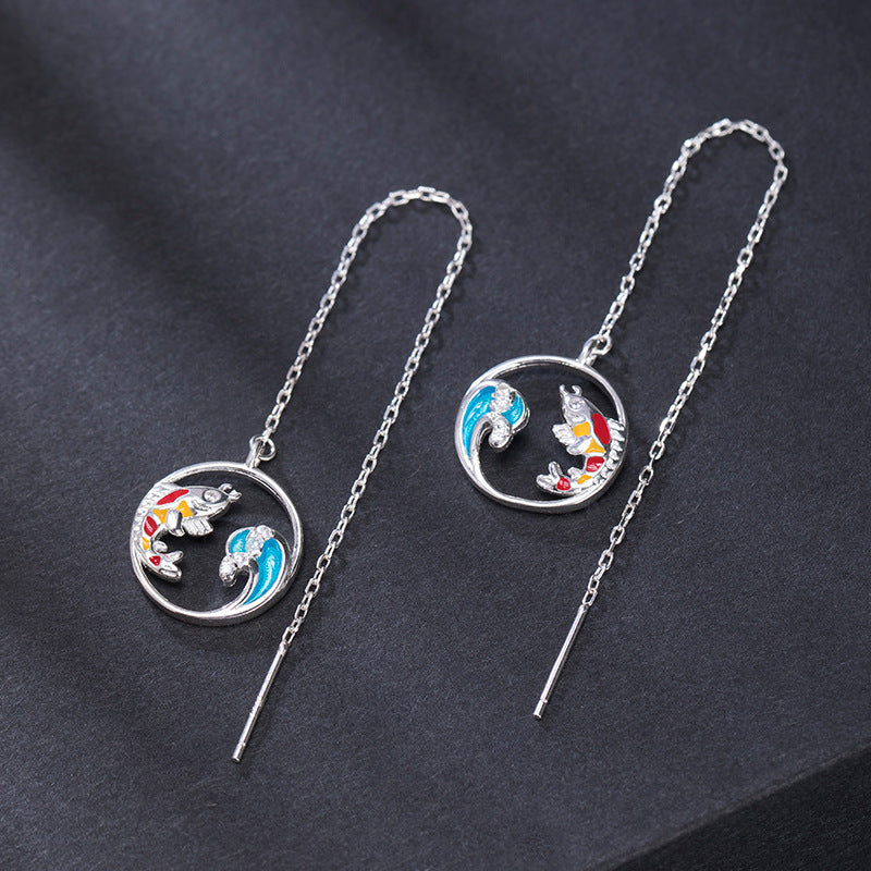 Koi Wave Threader Earrings with Spiritual Flow and Fortune