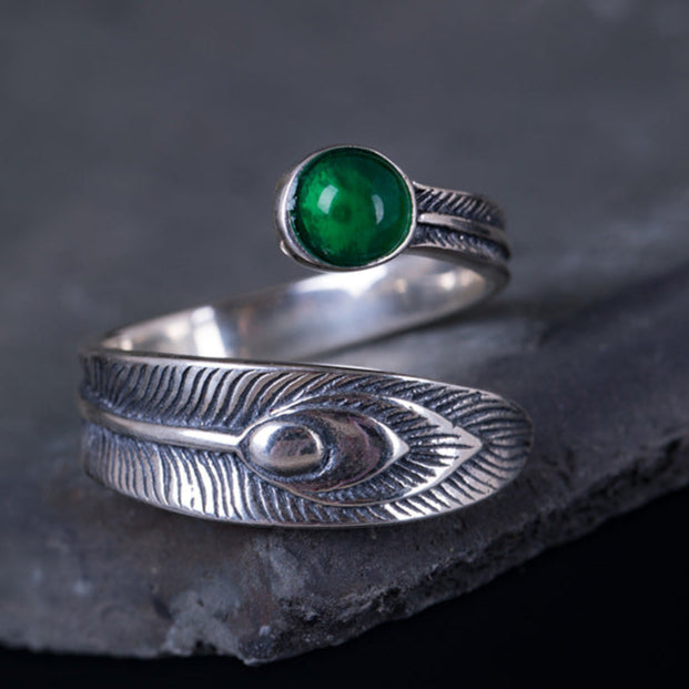 Adjustable Feather Ring with Green Crystal Accent