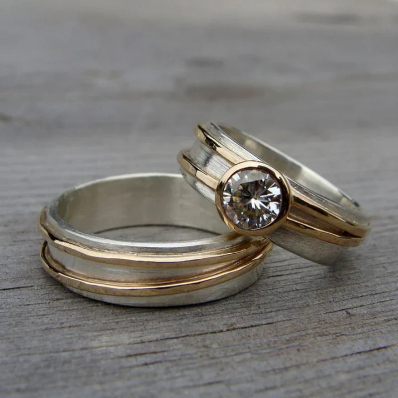 Gold Accent Nature-Inspired Ring Set with Sparkling Round Gem