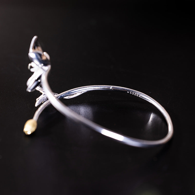 Blooming Flower Open Bangle – Silver and Gold Botanical Cuff