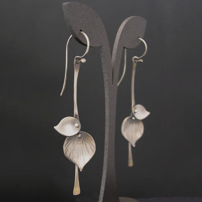 Silver Leaf Drop Earrings with Nature Goddess Design