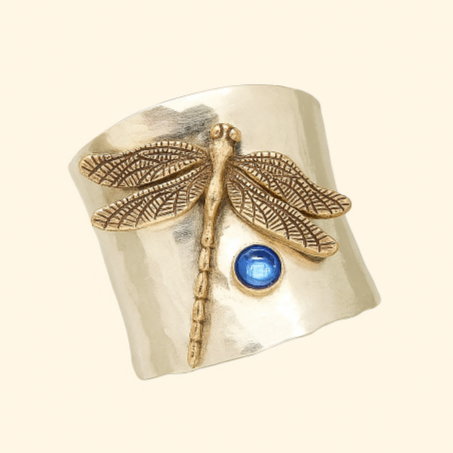 Dragonfly Ring with Blue Gemstone and Textured Band