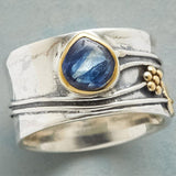 Wide Nature-Inspired Ring with Blue Gem and Golden Accents