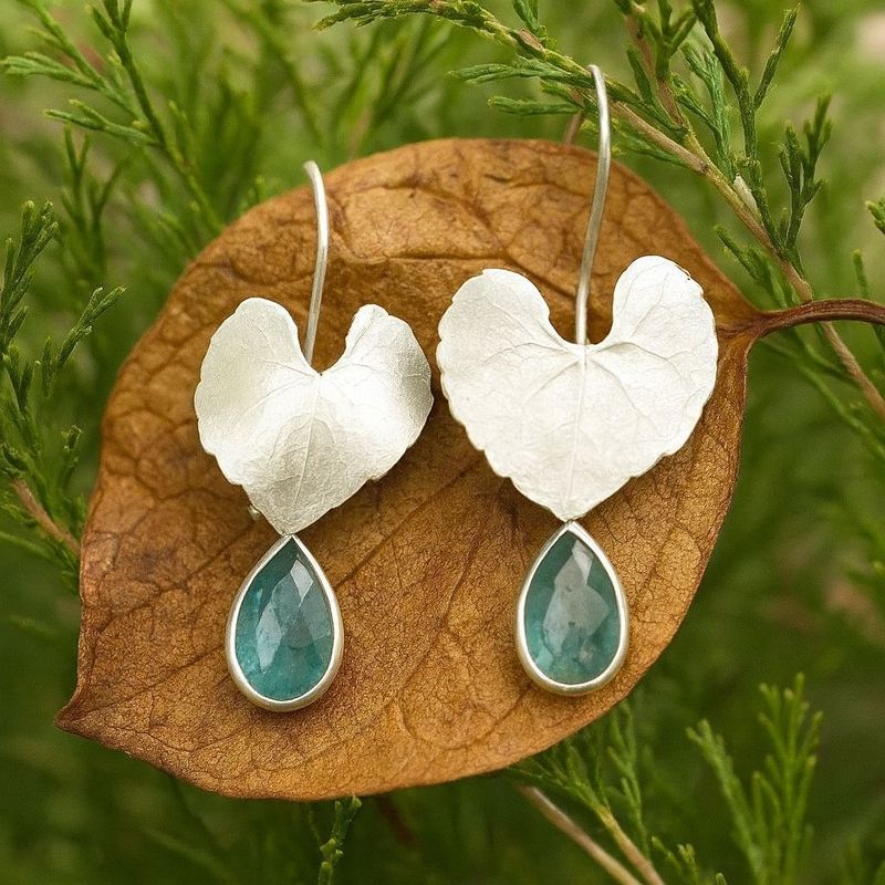 Heart Leaf Drop Earrings with Green Gemstone Nature Design