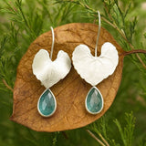 Heart Leaf Drop Earrings with Green Gemstone Nature Design