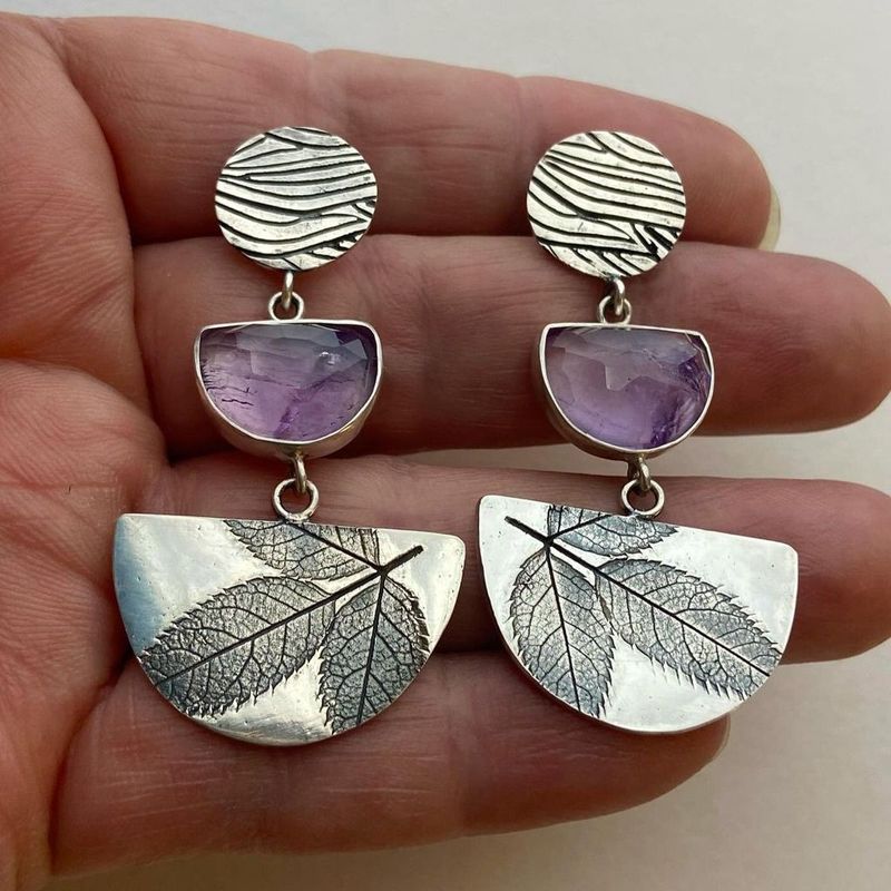 Artisan Leaf Drop Earrings with Amethyst Gemstone Nature Design