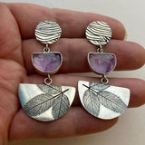 Artisan Leaf Drop Earrings with Amethyst Gemstone Nature Design