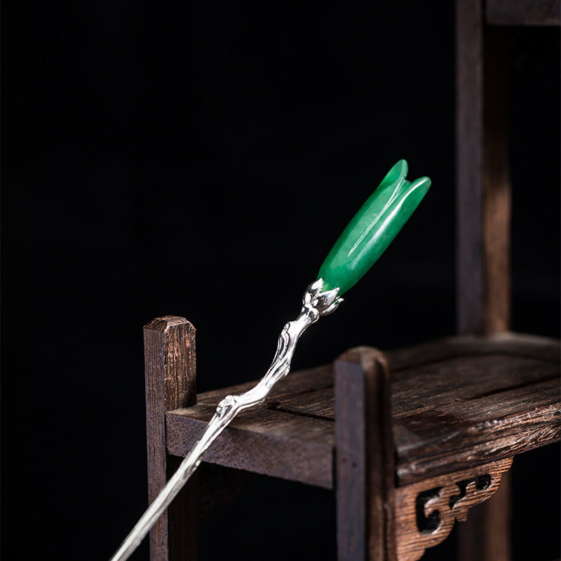 Green Jade Bud Hair Stick for Mystic Forest Energy