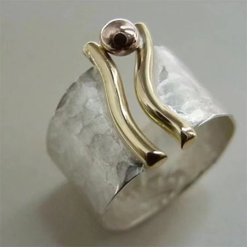 Modern Wave Band Ring with Mixed Metal Accents