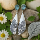 Blue Gemstone Leaf Engraved Long Earrings Nature Inspired Design