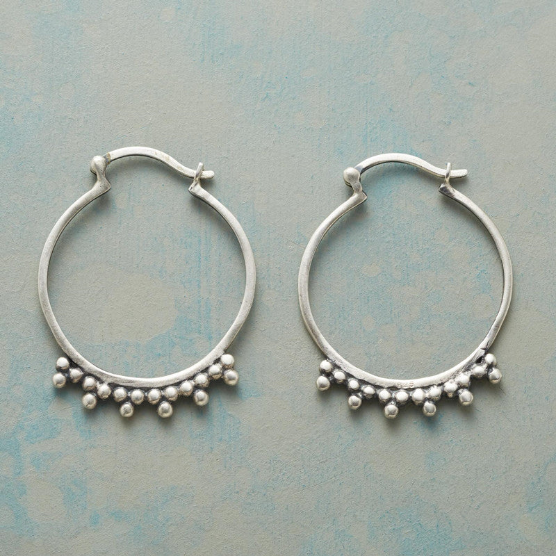 Bohemian Silver Hoop Earrings with Granulated Tribal Bead Design