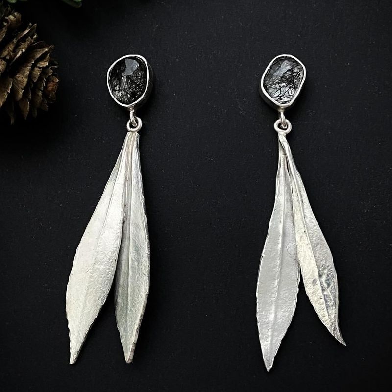 Black Gemstone Leaf Inspired Long Drop Earrings Boho Jewelry