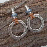 Rustic Circle Dangle Earrings with Leather and Blue Beads