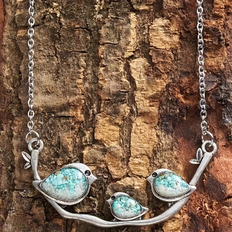 Family Bird Necklace with Turquoise Gemstones Nature Inspired
