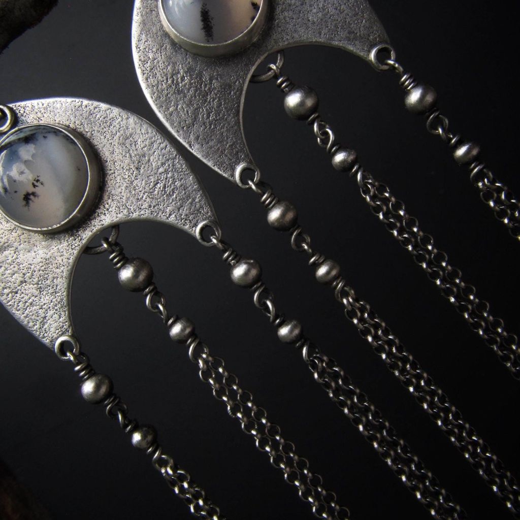 Bohemian Dendritic Agate Dangle Earrings with Chain Tassels