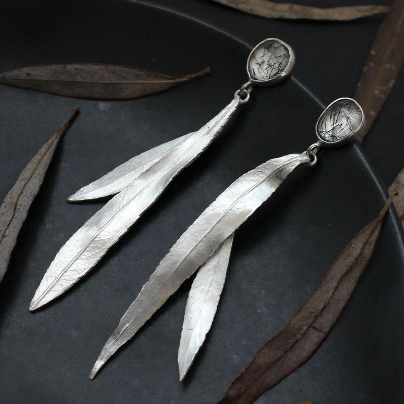 Long Leaf Drop Earrings with Black Gemstone Nature Design