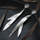 Long Leaf Drop Earrings with Black Gemstone Nature Design