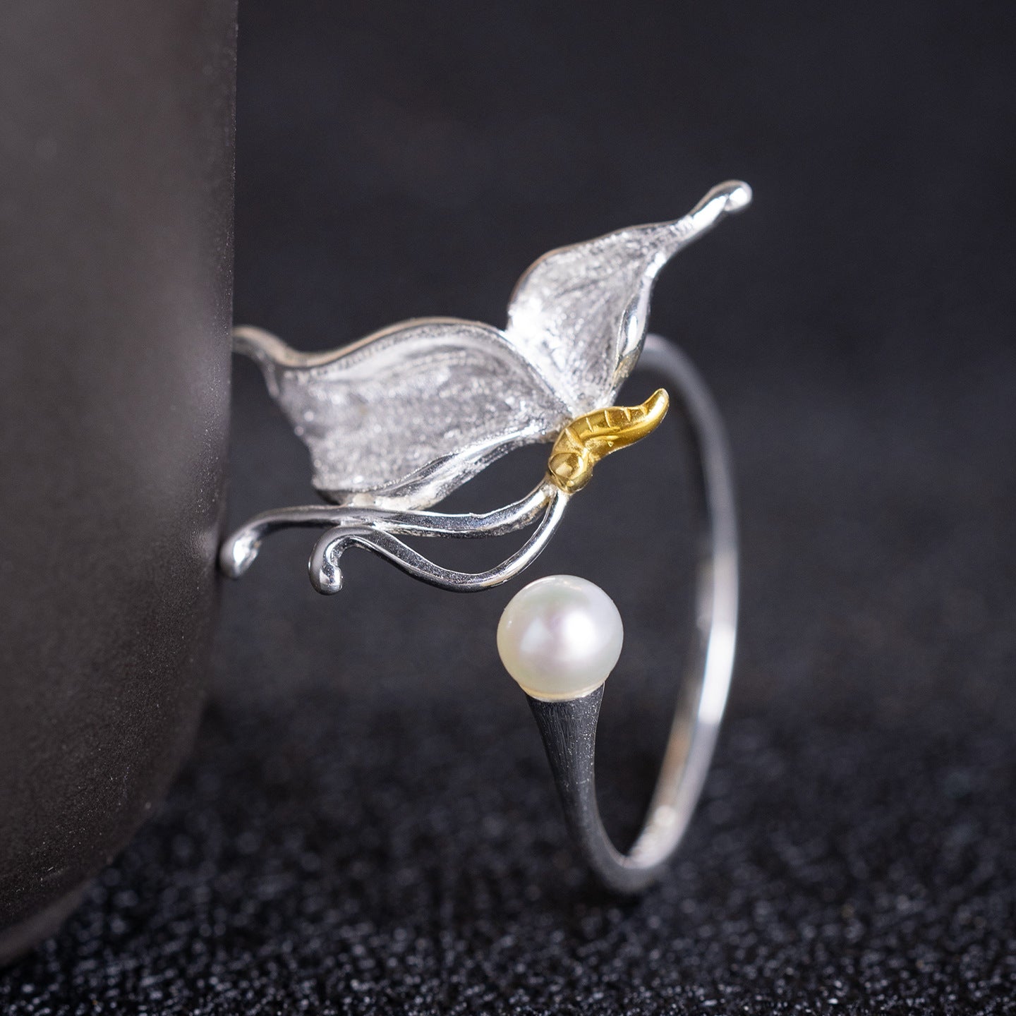 Butterfly and Pearl Open Ring – Nature-Inspired Spiritual Jewelry