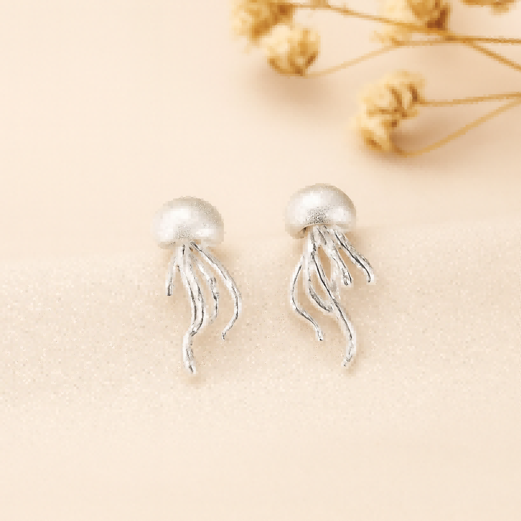 Sterling Silver Jellyfish Earrings Ocean-Inspired Drop Studs