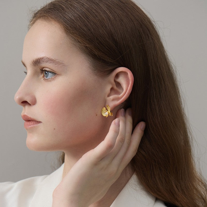 Pearl Orchid Earrings with Gold Flower Design