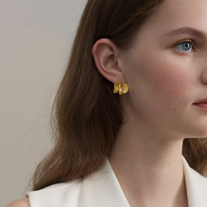 Pearl Orchid Earrings with Gold Flower Design